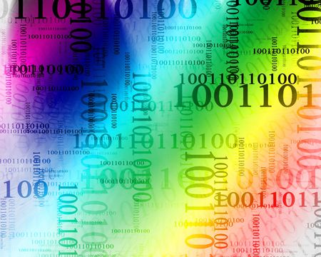 Bits and bytes on a rainbow coloured background