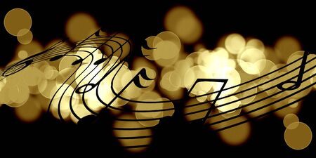 music notes and golden circles on a dark blackgroundの写真素材