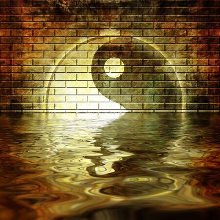 Grunge wall with graffiti yin yang symbol on itの写真素材