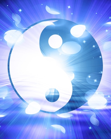 Yin yang symbol on a blue backgroundの写真素材