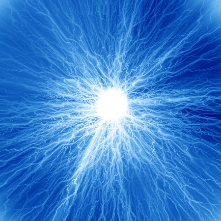 bright electrical spark on a blue backgroundの写真素材