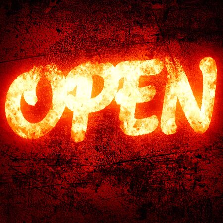 open written on a glowing red backgroundの写真素材