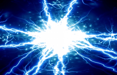 bright electrical sparks on a dark blue backgroundの写真素材