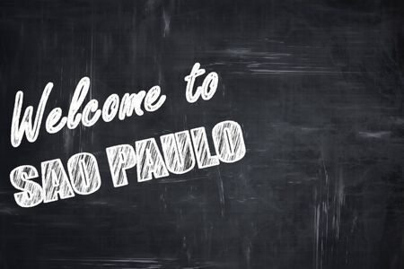 Chalkboard background with white letters: Chalkboard background with white letters: Welcome to sao paulo with some smooth linesの写真素材