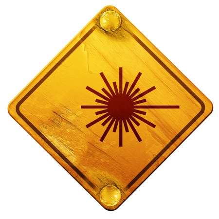 Laser warning sign with some soft spots and highlights, 3D rendering, yellow road sign on a white backgroundの写真素材