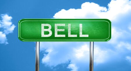 bell city, green road sign on a blue backgroundの写真素材