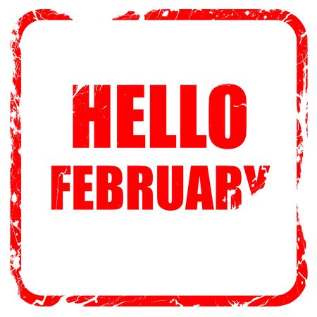 hello february, red rubber stamp with grunge edgesの写真素材