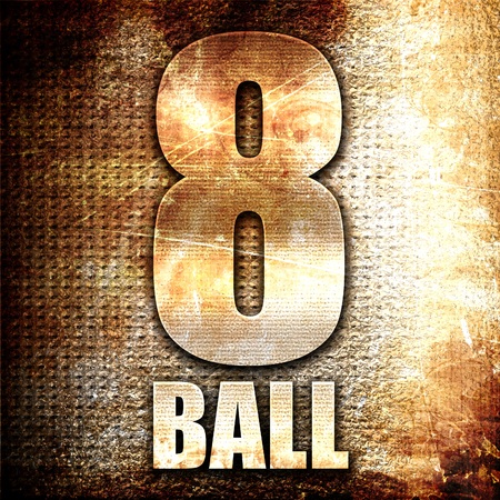 8 ball, 3D rendering, metal text on rust background