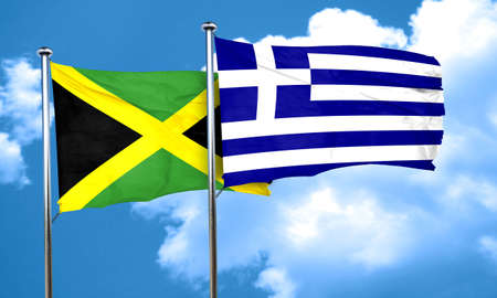 Jamaica flag with Greece flag, 3D renderingの写真素材