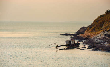 The old boat and Seascape in sunset at rayongの写真素材