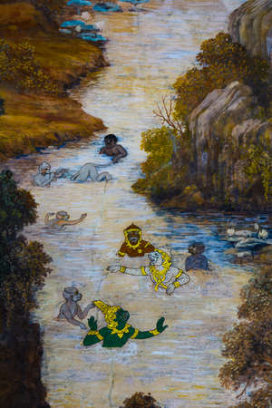 Art wall painting at Grand Palace or Wat Pra Keaw, Bangkok, Thailand  The painting is about Ramayana epic story and warのeditorial素材