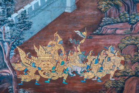 Art wall painting at Grand Palace or Wat Pra Keaw, Bangkok, Thailand  The painting is about Ramayana epic story and warのeditorial素材