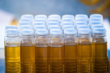 Palm oil in bottles for lantern in templeの写真素材