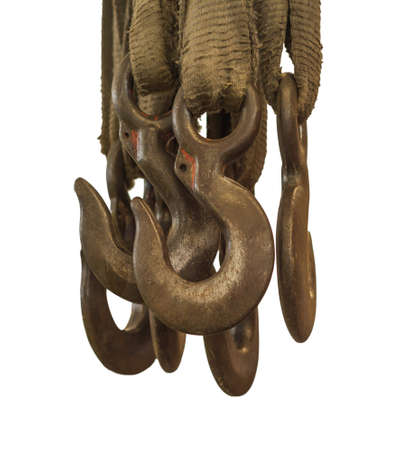 Old steel crane hook on white isolatedの写真素材