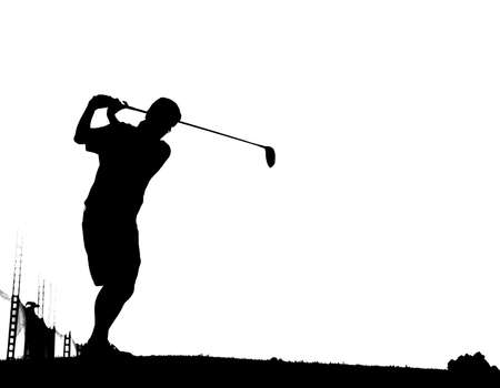 an action golfer in silhouette with tee offの写真素材