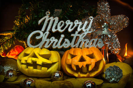 Merry chrismas pumpkins jack-o-lanternの写真素材
