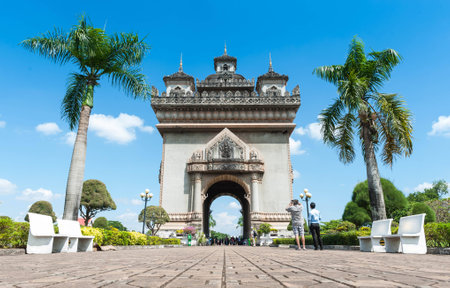 Patuxai literally meaning Victory Gate or Gate of Triumph, formerly the Anousavary or Anosavari Monument, known by the French as (Monument Aux Morts) is a war monument in the centre of Vientiane, Laosのeditorial素材