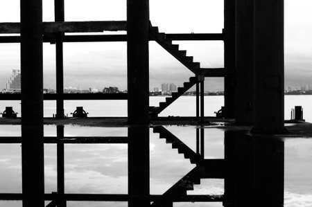 Stair in black and white photo, abstract stair photo, black and white photo, architecture details close up in black and white, street photographyat Pattaya, Thailandの写真素材