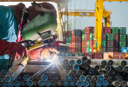 Worker welding the steel structureの写真素材