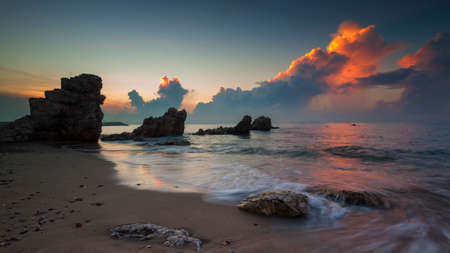 Seascape during sunset. Beautiful natural seascape with dramatic skyの写真素材