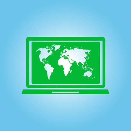 Laptop and world map illustration. World map geography symbol.  Flat design style.のイラスト素材