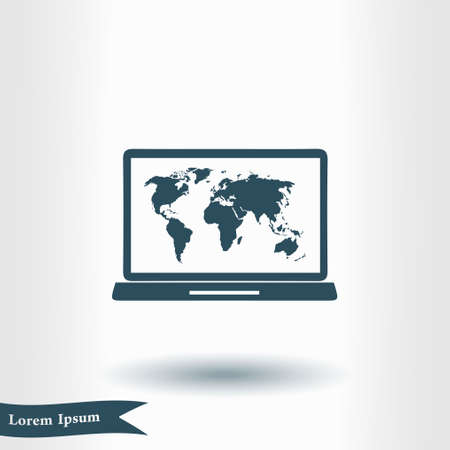 Laptop and world map illustration. World map geography symbol.  Flat design style. のイラスト素材