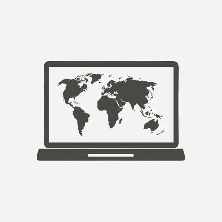Laptop and world map illustration. World map geography symbol flat design style.のイラスト素材