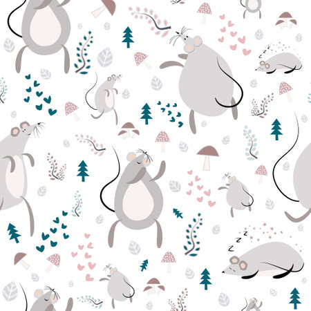 Seamless pattern with funny dancing mices and plantsのイラスト素材