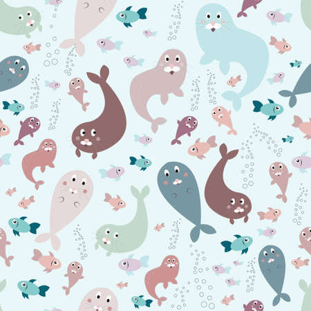 Seamless pattern, colorful funny seals and fishのイラスト素材