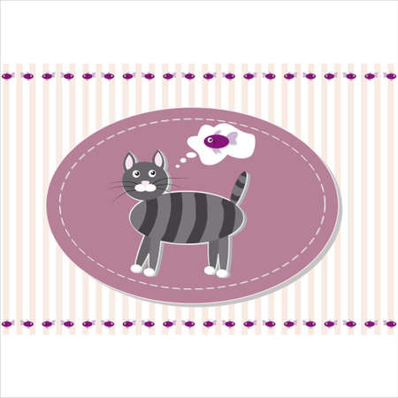 Grey tabby cat dreaming of a fish on a purple background, vectorのイラスト素材