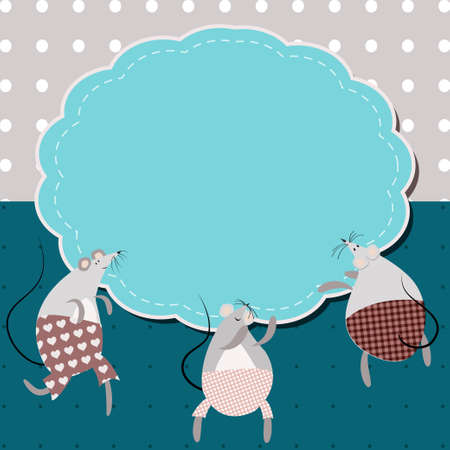 Frame for the birth of a baby with cute mice in blue tones, vectorのイラスト素材