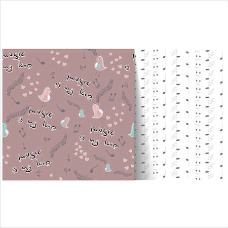 Seamless pattern with music notes, birds and hearts in purple, vector illustrationのイラスト素材