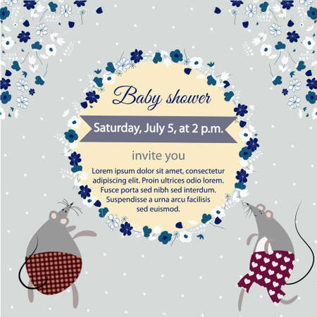 Invitation card with mouses and floral ornamentのイラスト素材