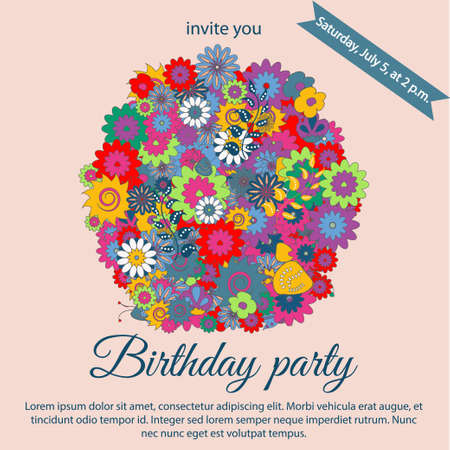 Invitation card with bright flowers, floral frame, vector illustrationのイラスト素材