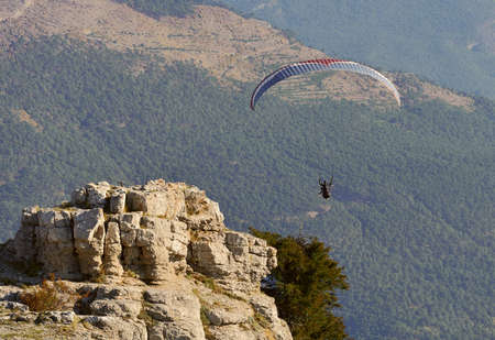 Flight of 2 people on a paraglider over the trees and mountains of Crimea. Active extreme rest. Russia, 2019の写真素材