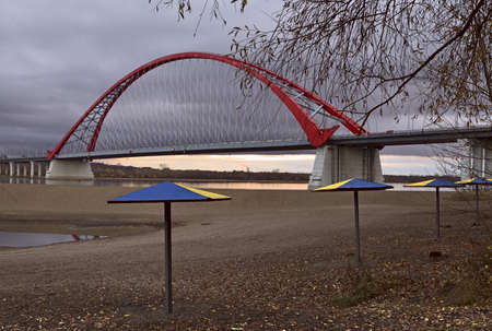 Beach fungi, autumn leaves on the sand, gray sky with clouds, high arched bridge with a network of cables crosses the great Siberian river in Novosibirsk, Russia, 2018の写真素材