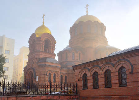 An Orthodox church with a golden dome in the Russian-Byzantine architectural style in the morning...