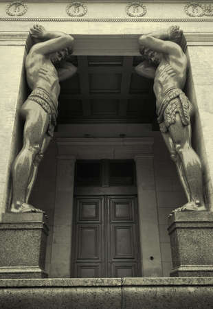 Saint Petersburg / Russia-09.01.2020: Portico Of The New Hermitage. Stone figures of Atlanteans holding a cornice, classical architecture of the XIX centuryのeditorial素材
