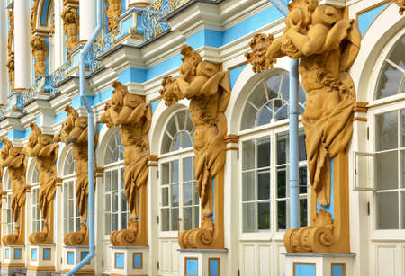 Pushkin / Saint Petersburg / Russia-09.03.2020: Fragment of the facade of the Catherine Palace. Atlanteans hold the cornice, a monument of Russian Baroque architecture of the XVIII century, a UNESCO siteのeditorial素材