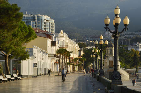 Yalta, Crimea, Russia - 05.09.2019: Morning on the main embankment of Yalta-the capital of the southern coast of Crimea. Tourist attraction, resortのeditorial素材