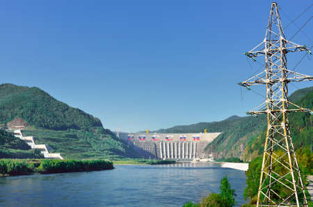 The largest hydroelectric power station on the mountain banks of the Yenisei River, the coastal spillway. Siberia, Russiaの写真素材
