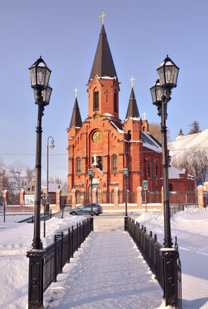 Tobolsk in the winter. Church of the Holy Trinity in the first capital of Siberia surrounded by street lights. Russia, 2021の写真素材