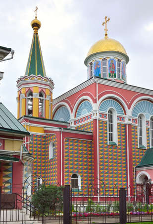 A fragment of a bright architecturally decorated facade in the Russian traditional style. Abakan, Siberia, Russiaの写真素材