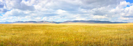 Panorama of the steppe against the background of mountain ranges on the horizon under a cloudy sky. Siberia, Russiaの写真素材