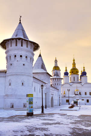 TOBOLSK, Siberia, Russia-01.06.2021: Tobolsk Kremlin on a winter morning. Towers of Guest yard,...