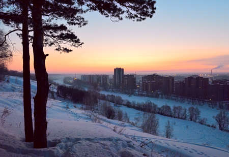 The predawn glow in the Golden sky, the tall houses of the Spring district in the city of Novosibirsk, glowing Windows, night lights, a snowy slope, the frozen river Yin, the trunk of a pine branch. Russia, Siberia, 2020の写真素材