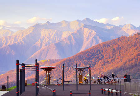 Rosa Khutor, Sochi, Russia, 11.01.2021. Sports ground in the mountains. People are doing fitness...