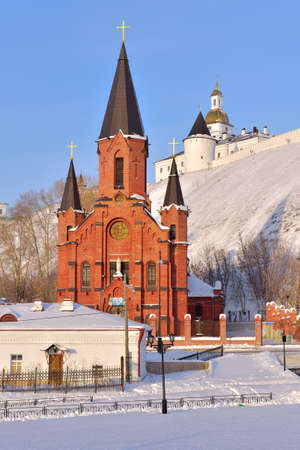 Tobolsk in the winter. Church of the Holy Trinity in the first capital of Siberia on the background of the Kremlin on the hill. Russia, 2021の写真素材
