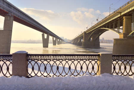 Bridges over the Ob in Novosibirsk. October and metro bridges with Michael's waterfront in the winter. Novosibirsk, Siberia, Russia, 2020の写真素材