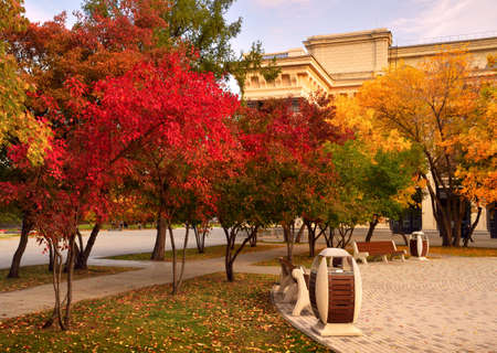 Theater Square in autumn. Bright foliage on the trees in the city center, the building of the Opera...